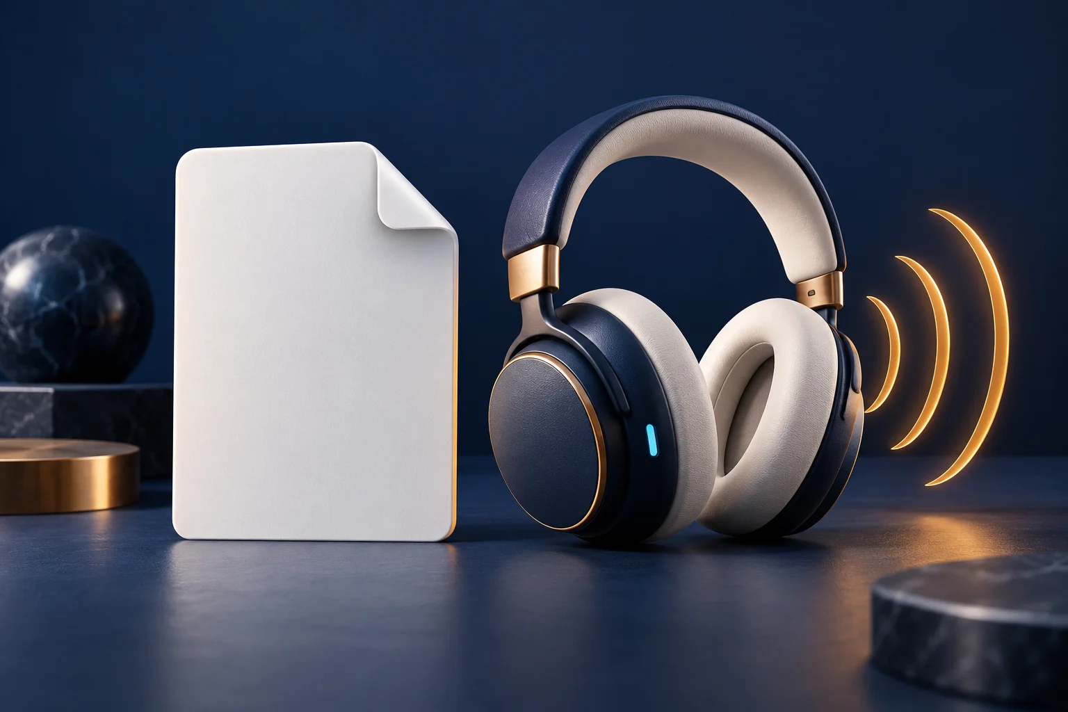 Navy and white headphones beside a blank document tile and three amber sound waves.
